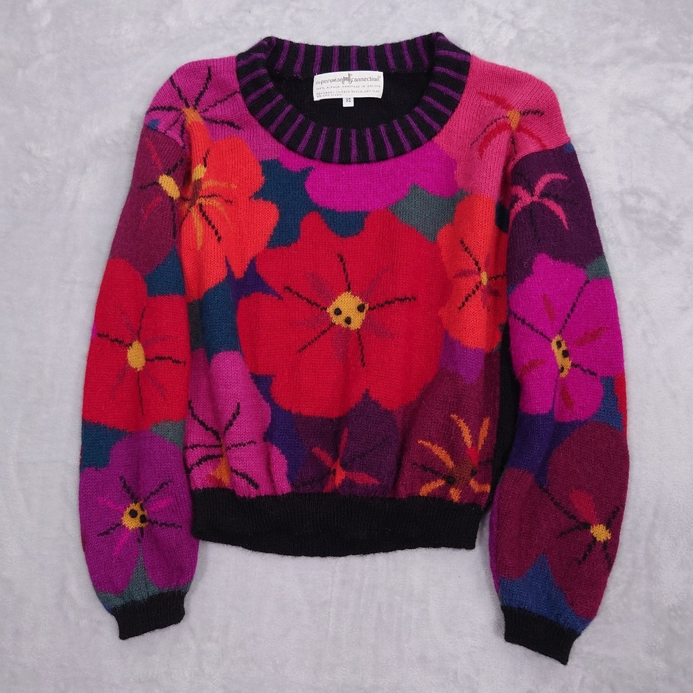 Peruvian Connection 100% Alpaca Sweater Women's XS Colorful Floral Knit Pullover
